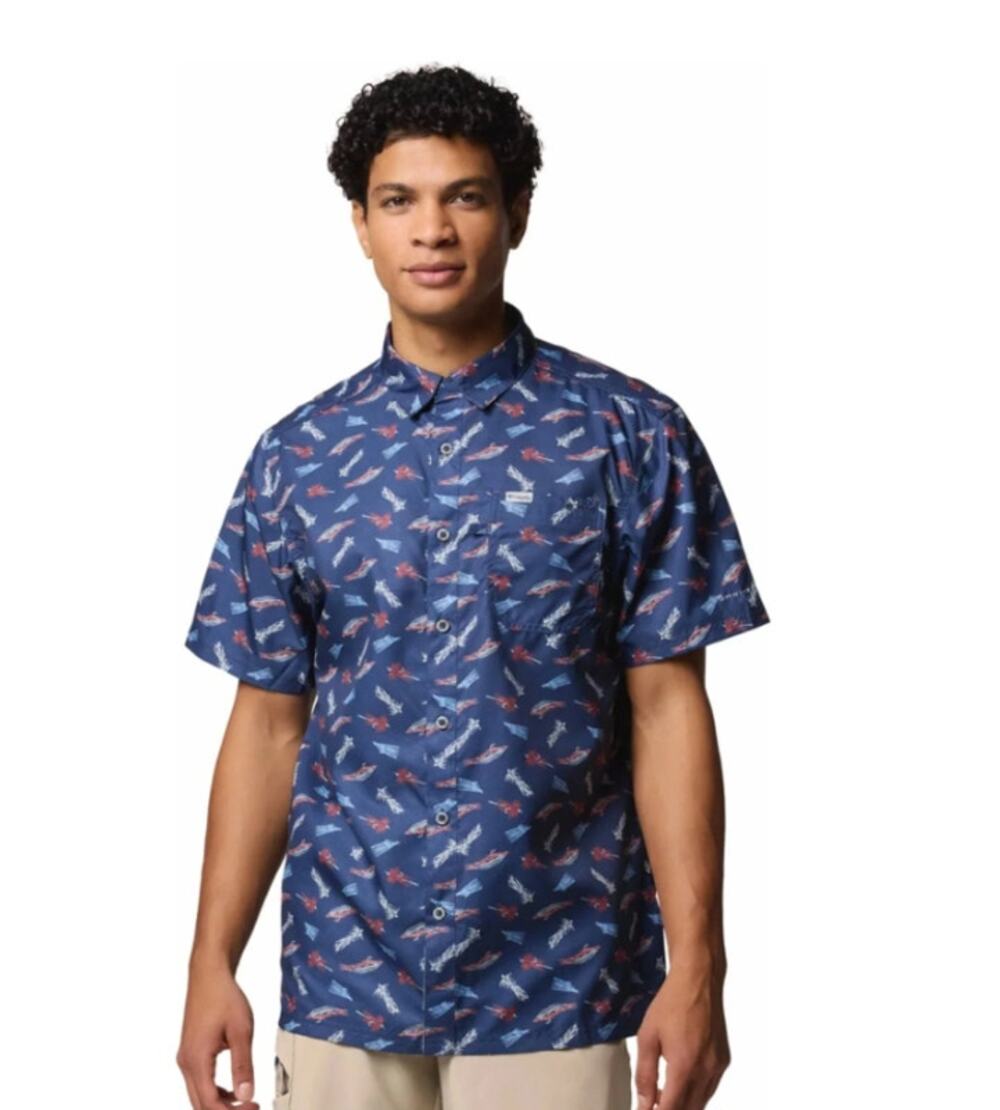 COLUMBIA Men's Super Slack Tide Camp Shirt Small Blue Norturnal Print UPF 40 NWT